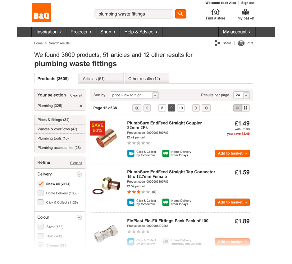 B&Q search results