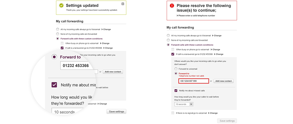 Vodafone OneNet form elements and error messaging